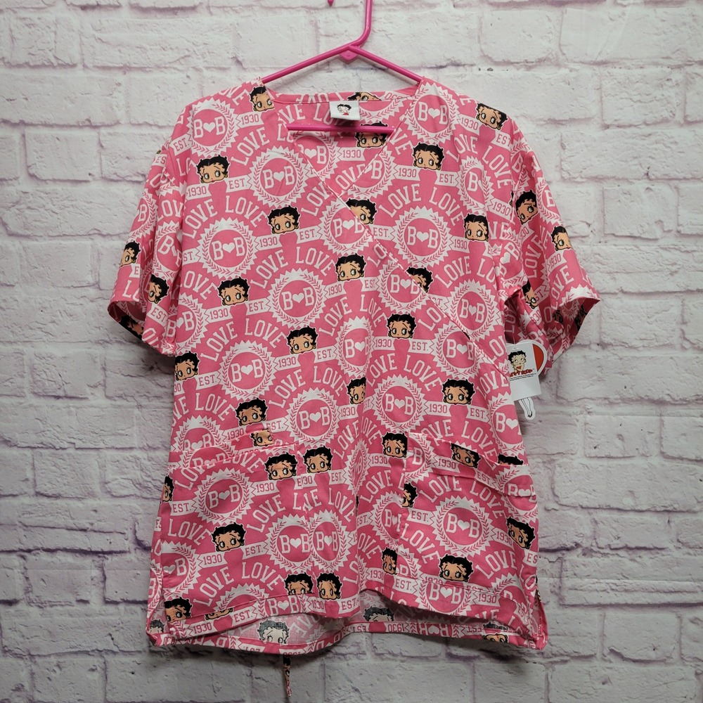 NEW Betty Boop LOVE Graphic‎ Scrub Top Womens L Pullover Casual Medical Workwear